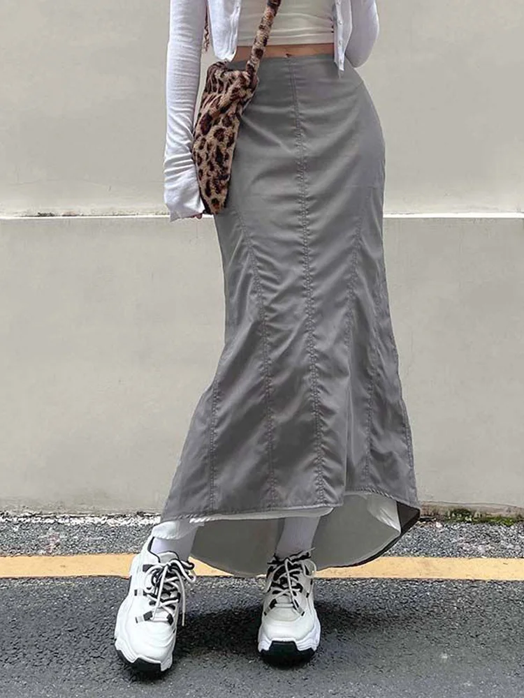 Zipped Bright Soild Grey Line Trim Mid-length Skirt For Women High Waist A-line Outfit Fashion Mujer Streetwear Casual Clothes