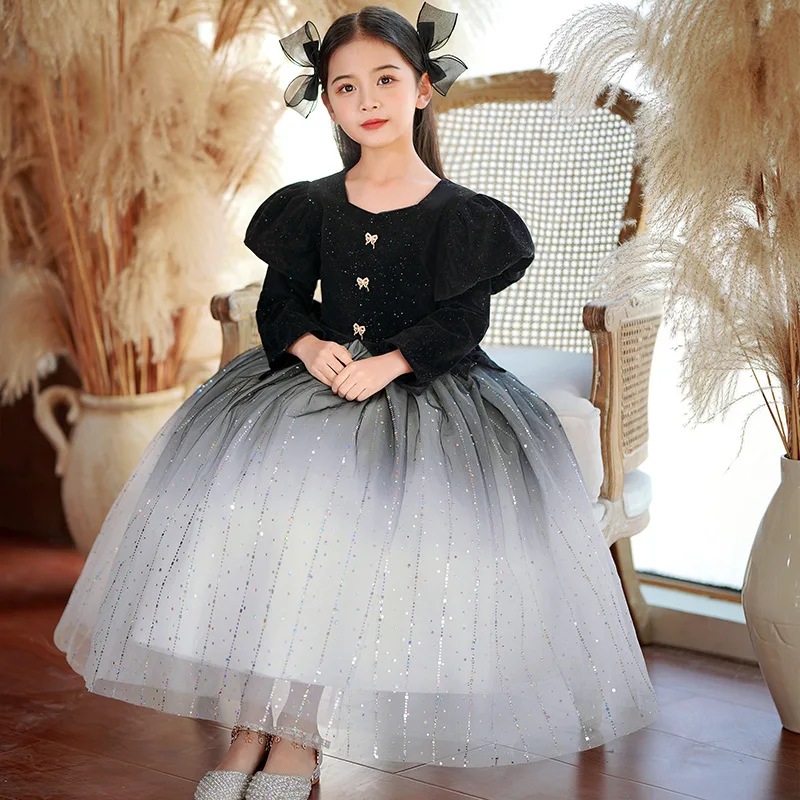 Children's Dress Light Luxury Niche High-end Princess Dress Girls' Little Host Piano Performance Dress Autumn Winter Dress