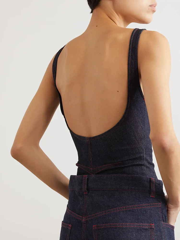 Sexy Backless U Neck Bodysuit y2k Sexy Hundred Slim Blue Denim Sling Women's Bodysuit Top 2024 Summer New