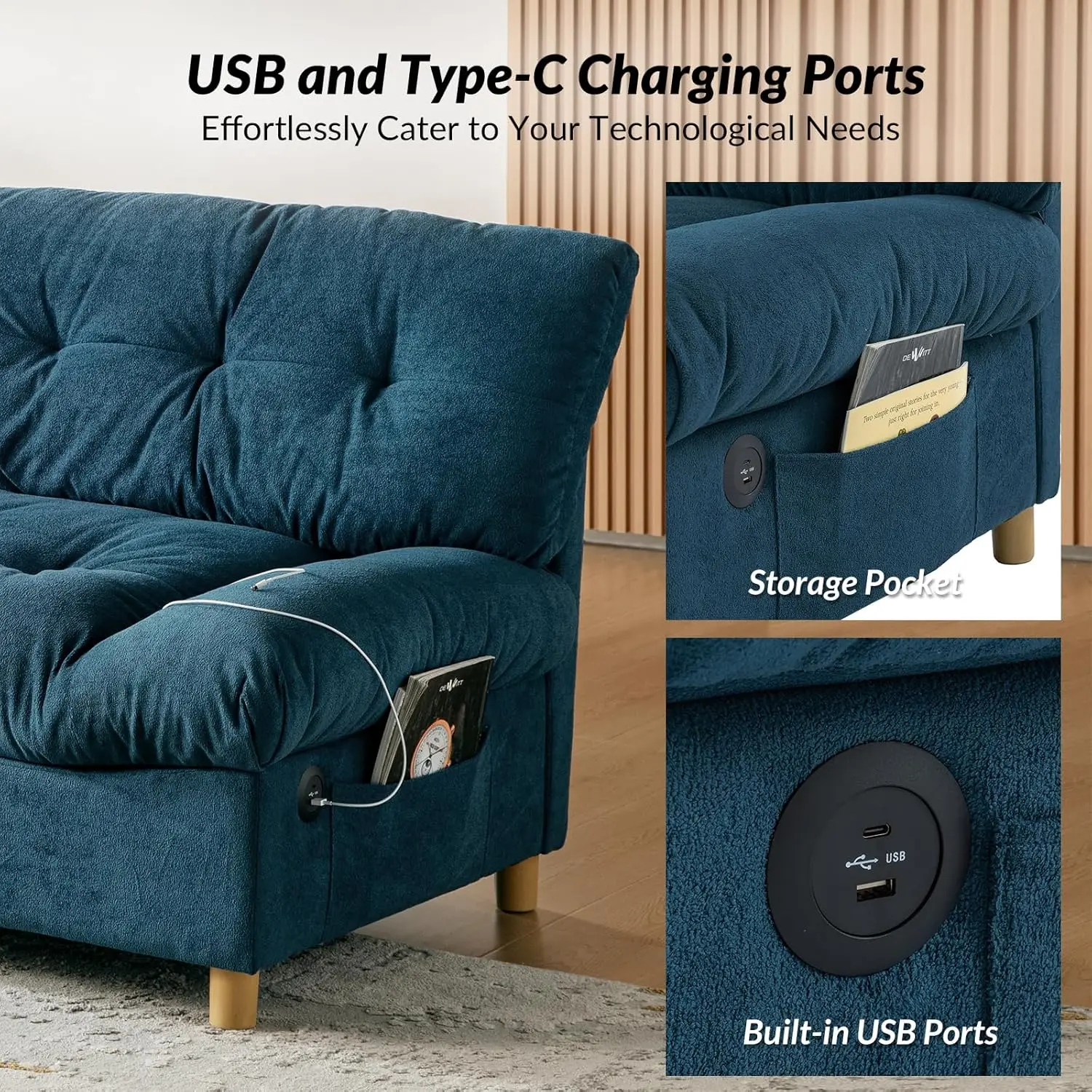 HULALA أريكة سحابية منزلية حديثة ، أريكة مسند ذراع مصممة وسادة ، محشوة من نوع Chenille Loveseat ، USB ونوع C ، 81 in