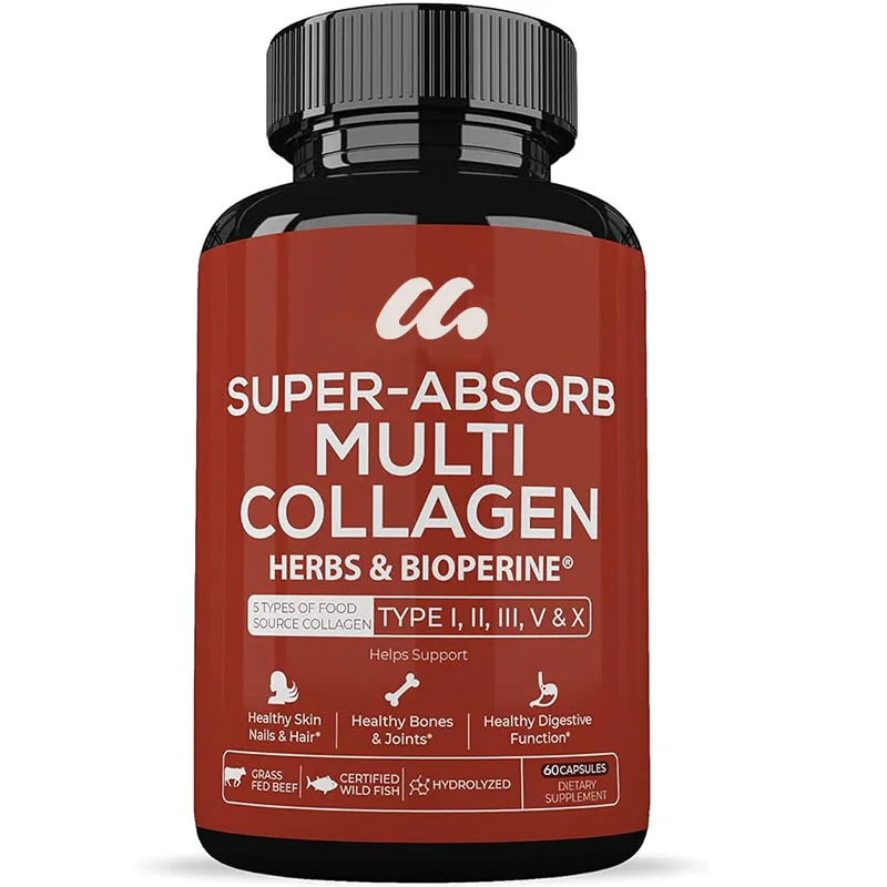 Multi Collagen Pill (Type I II III V X) Organic Herbal and Piperine Hydrolyzed Collagen Peptide Protein Supplement