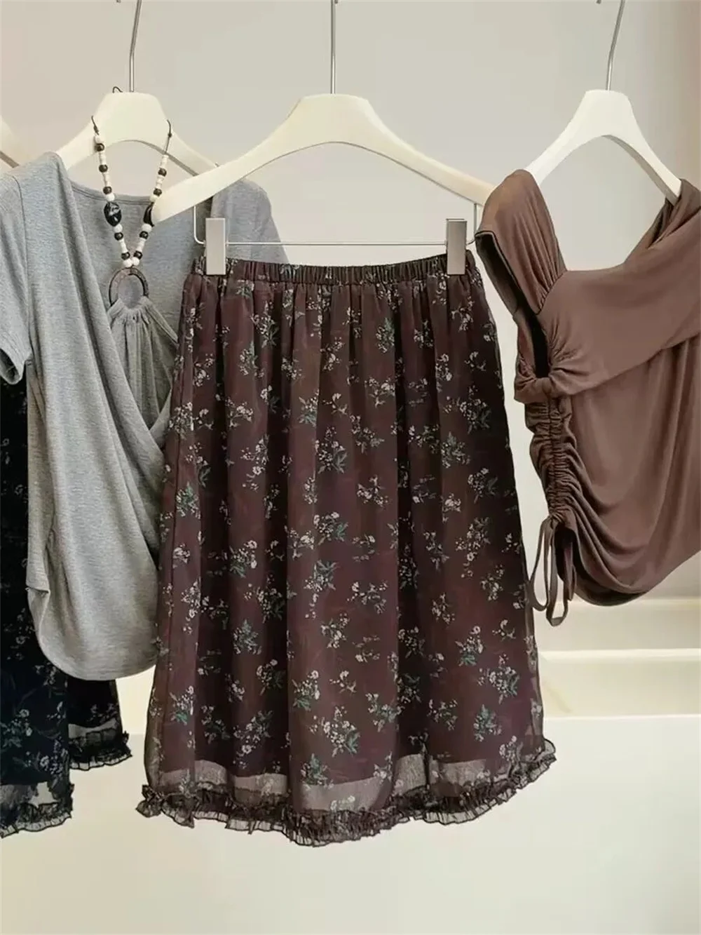 Vintage Trendy Y2k Floral Printed Mini Skirts Women Mesh Elastic Waist A-line Skirt Korean Fashion Elegant Contrast Skirts New