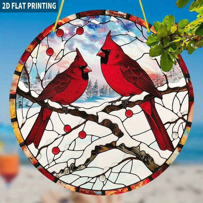 

2D Flat, 1pc Large Winter Cardinal Suncatcher Window Hanging Decoration - 7.87" Round Stained Glass-Effect Acrylic Bird & Snow B