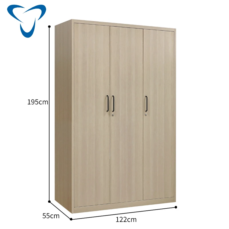 swing 3 Doors Metal Wardrobe steel storage cabinet Factory direct sale with top storage space wooden color