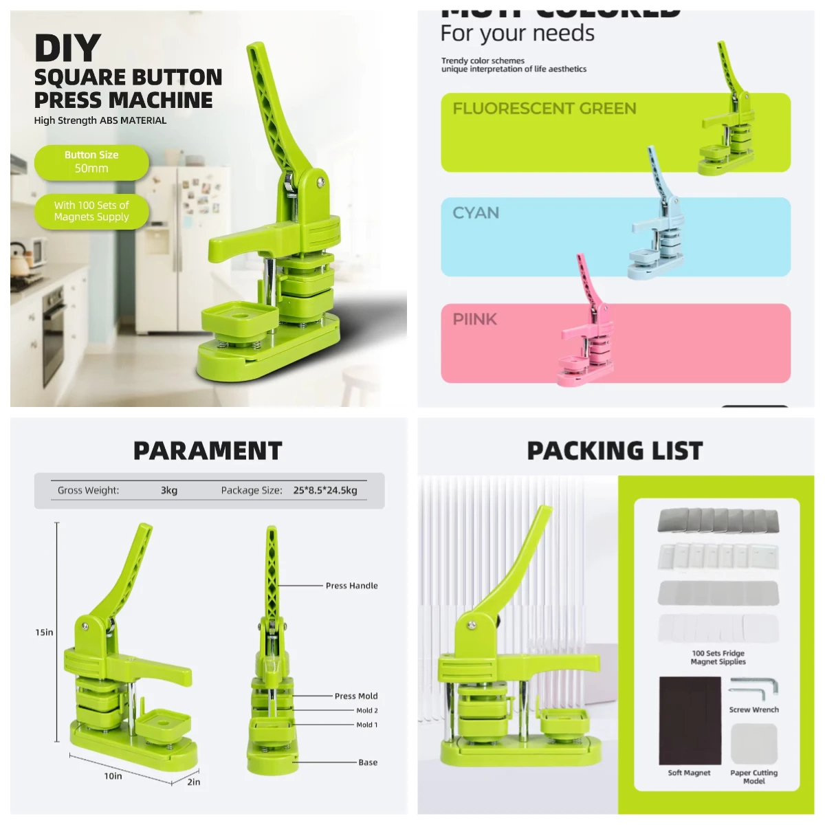 WJW Square 50mm Badge Maker Fridge Magnet Button Custom Pins Metal Logo Badges Making Machine