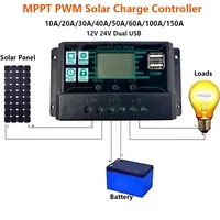 10A-100A Solar Charge Controller Dual USB 12V/24V Auto Solar Panel Battery Charge Controlles Voltage Regulator MPPT/PWM