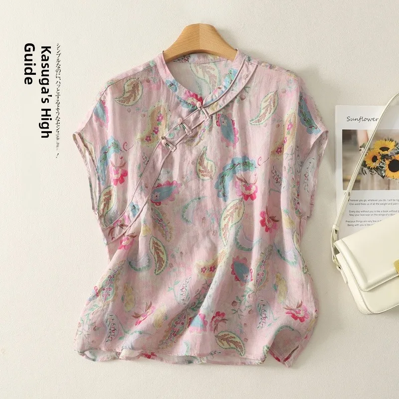 

Artistic Large Size Cotton Shirt with Button Detail And Asymmetrical Hemline Age-Defying Summer New Style Versatile Women's Top