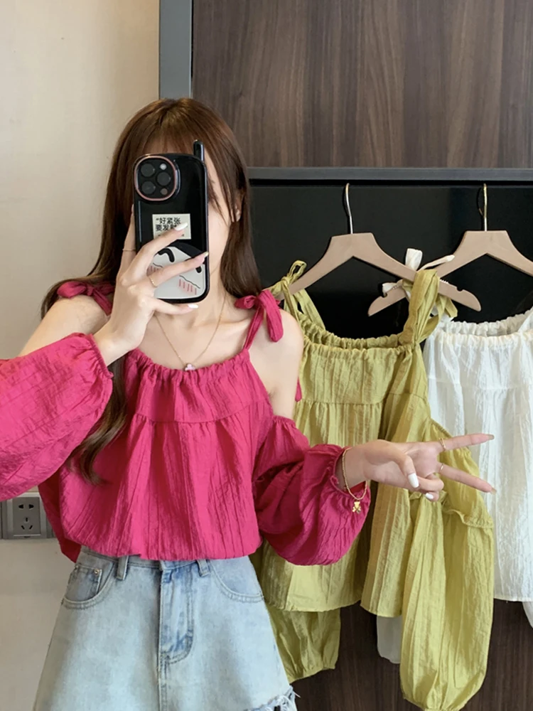 قميص شيفون أنيق بأكمام فقاعية للنساء، قميص قصير الطول للحماية من الشمس، تصميم فريد من نوعه، أكمام طويلة، حزام على الكتف، قميص...