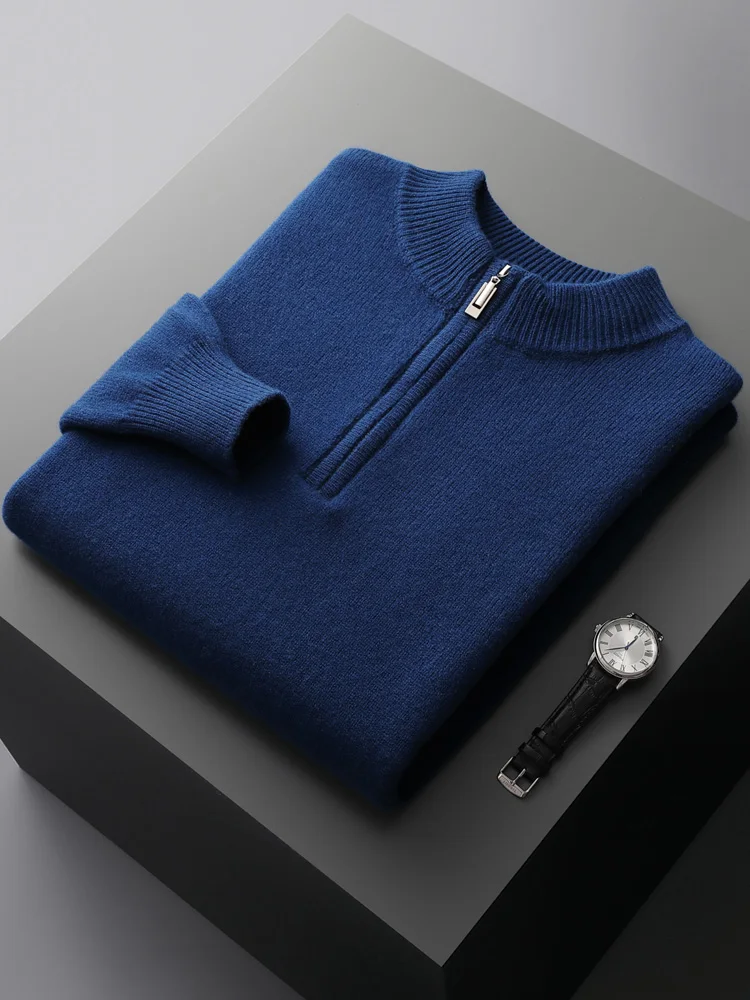 Autumn Winter Men's 100% Merino Wool Pullover Cashmere  Sweater Stand Collar Knitwear Long Sleeve Thick Bottom Business Jacket