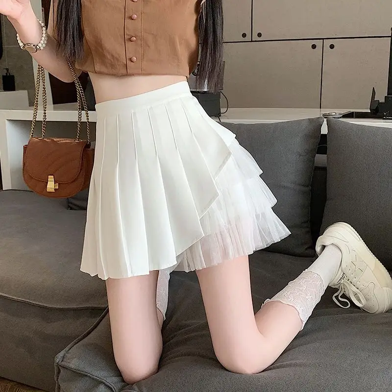 White A-Line  Skirt Women's Summer 2026 New High Waist Pleated Slimming Net Design Sense Half-length Skirt Pants