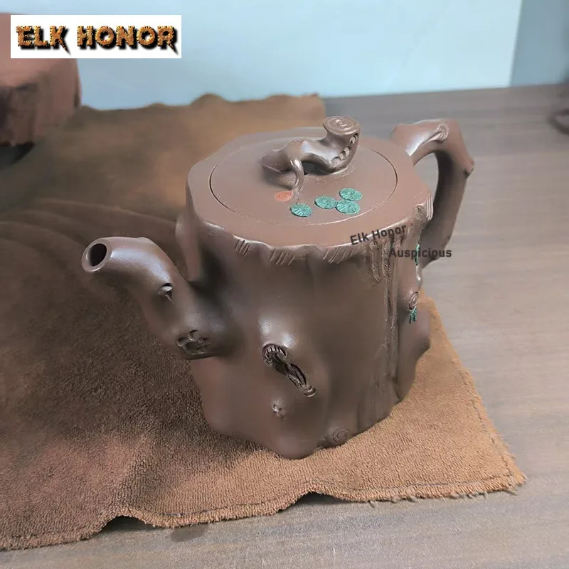 420ml Vintage Yixing Purple Clay Teapots Handmade Flower Vase High Tree Stump Pot Raw Ore Mud Kettle Zisha Tea Set Ornaments
