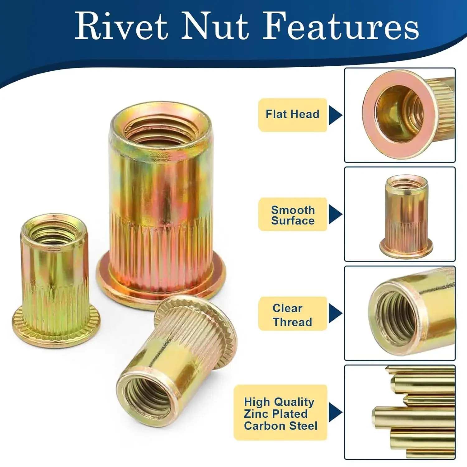 Carbon Steel Rivet Nut M3 M4 M5 M6 M8 M10 Threaded Insert Nut Blind Rivet Nut for Metal Sheet Flat Head Knurled Body 10-100pcs