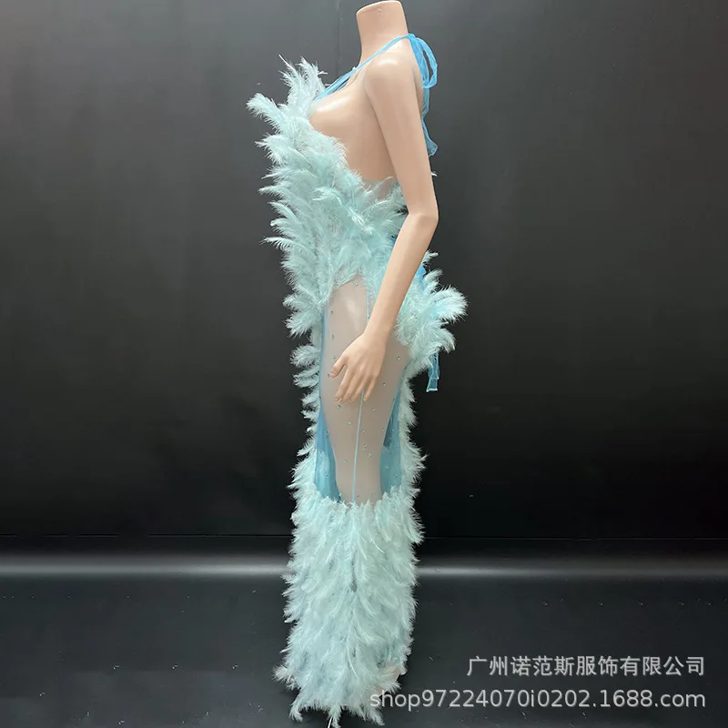 مزاجه المتخصصة الضوء الأزرق الجنية الفاخرة فستان من الريش المغني الأعمال موضة الغناء الملابس فستان حفلة عيد ميلاد من أي وقت مضى جميلة
