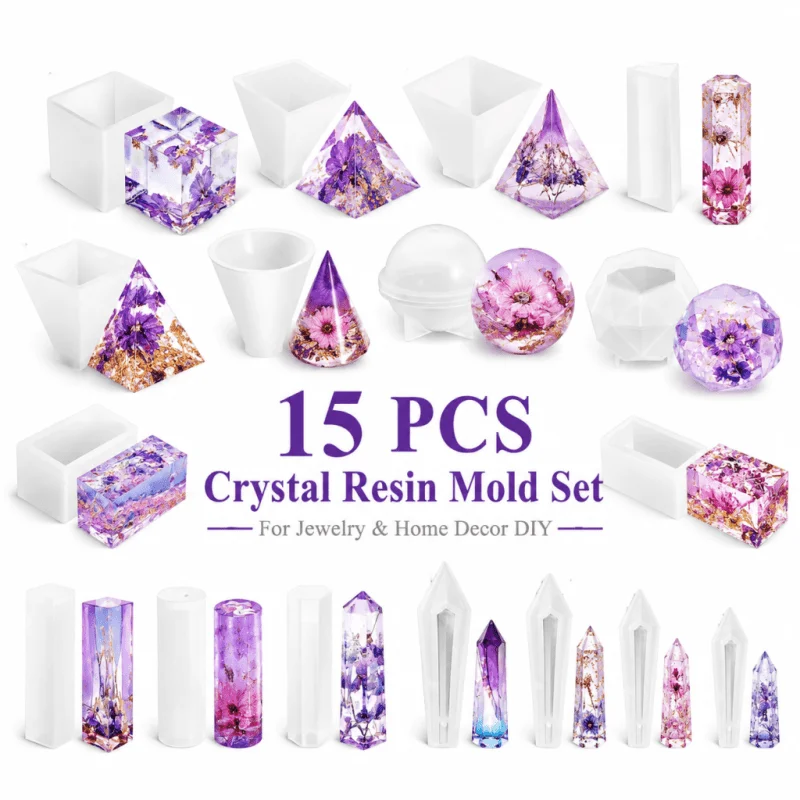 15pcs Crystal Resin Silicone Mould Set, Unique Designs for Jewellery Storage, Ring Holders, Pendants, Ornaments, Home Decor and Handmade Christmas Gifts
