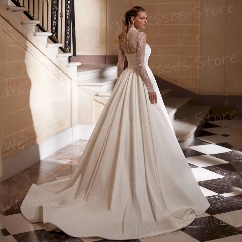 Elegant Satin A Line Women's Lace Long Sleeve High Neck Wedding Dresses Robe De Mariée Customized Bride Gowns Vestido De Novia