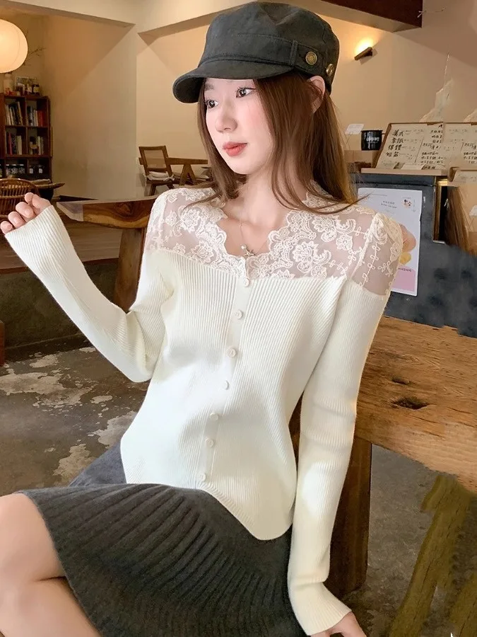 

Ele V-Ne Long Sve Knitted Lace Patchwork Women's Top French Sle Glittering Rayon Fiber Autumn Winter New Arrival