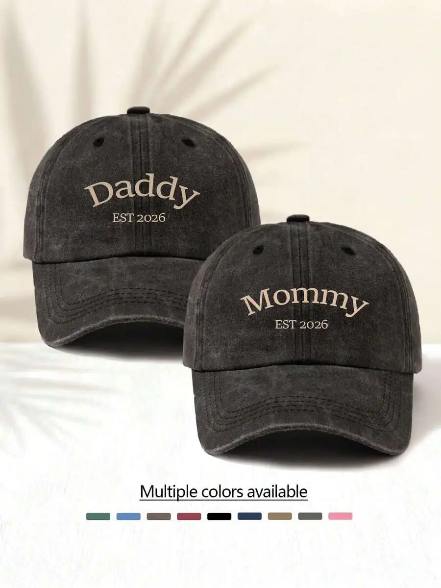 

2pcs Washed Baseball Cap With Daddy And Mommy Letter Print Unisex Casual Hat For Adults