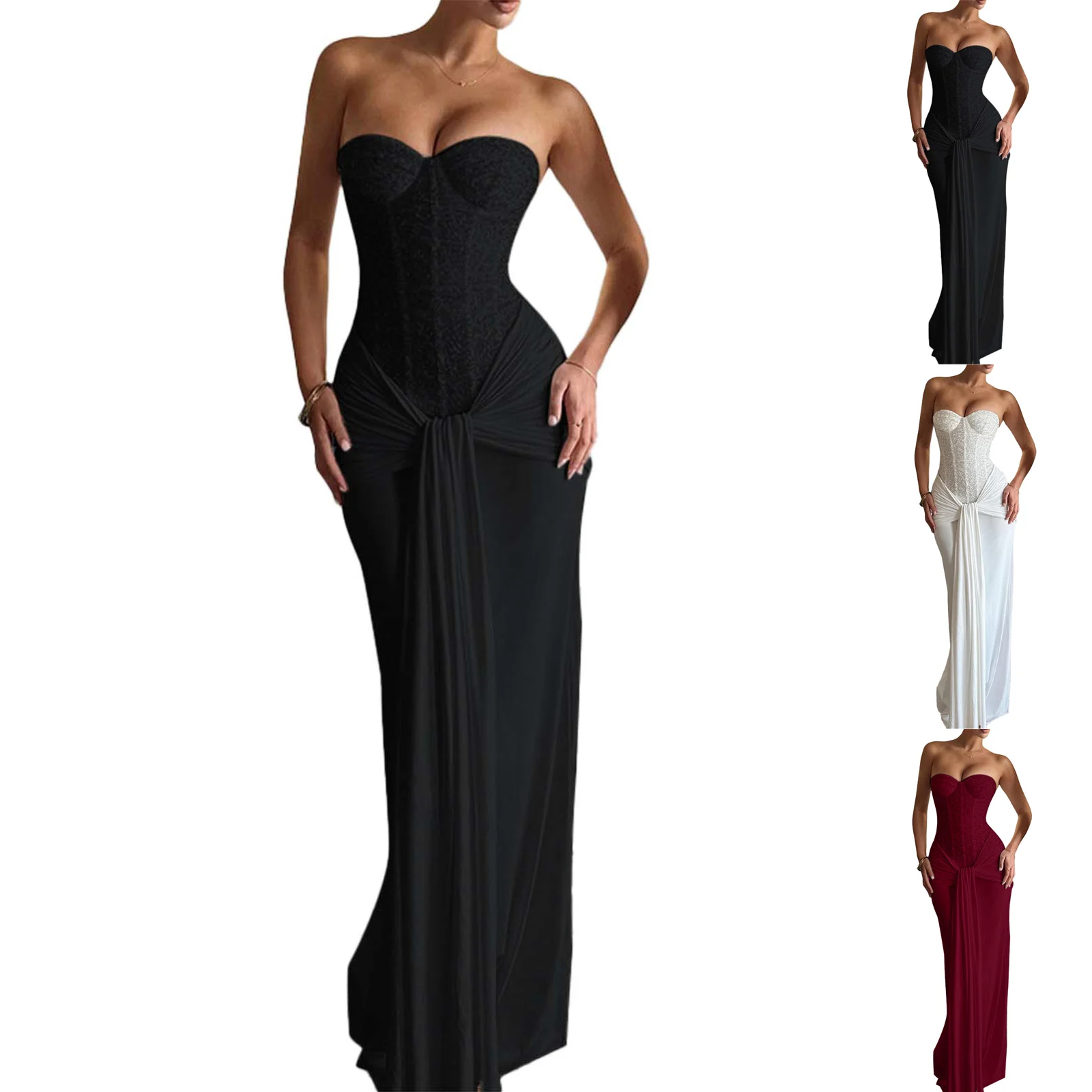 فساتين سهرة نسائية مثيرة بدون حمالات مع خصر محكم وأشرطة متدفقة، فستان كوكتيل طويل من قماش الجاكار #6