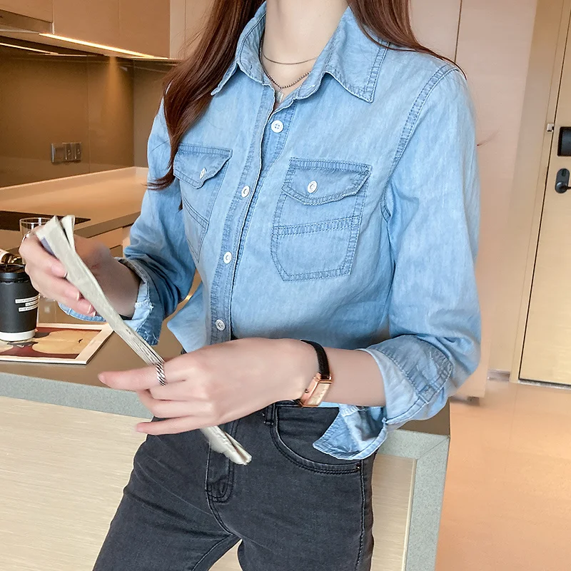 #3115 Spring Denim Shirt Women Slim Fit Casual Office Jeans Shirt Long Sleeve Womens Tops And Blouses Blue Cotton Thin Vintage