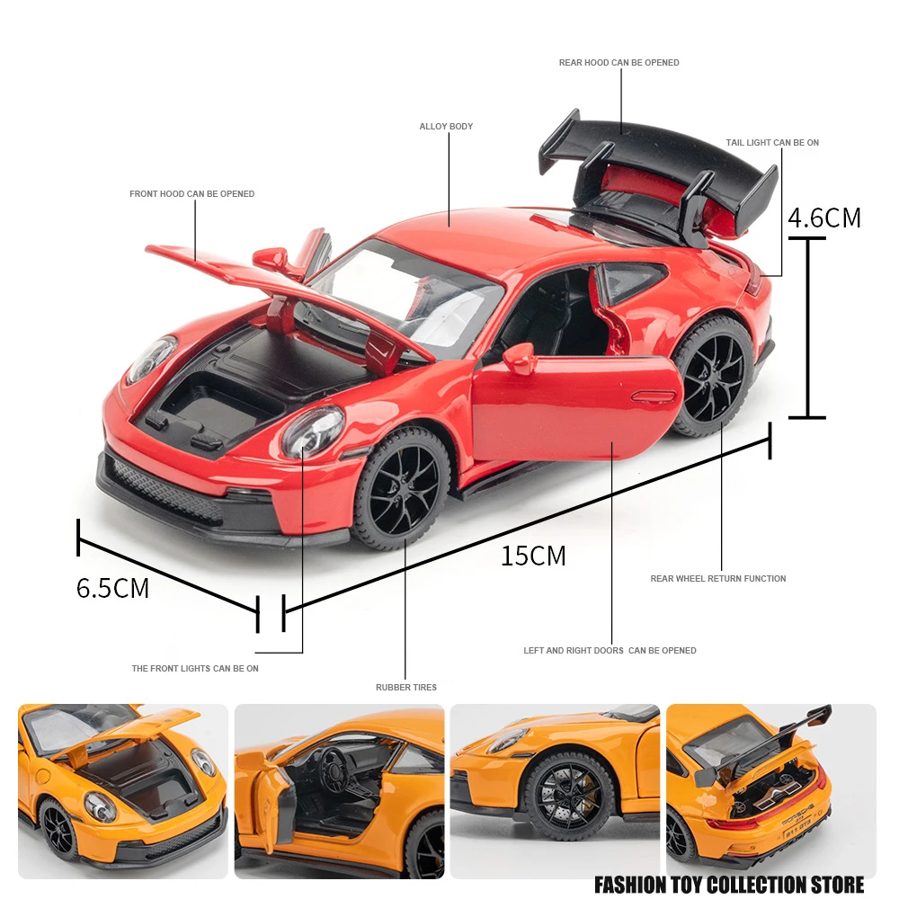 Porsche 911 GT3 Sport Alloy Car Model, Diecasts Brinquedo com Som e Veículos Leves, Decoração Brinquedos, Presente para Crianças, 1: 32