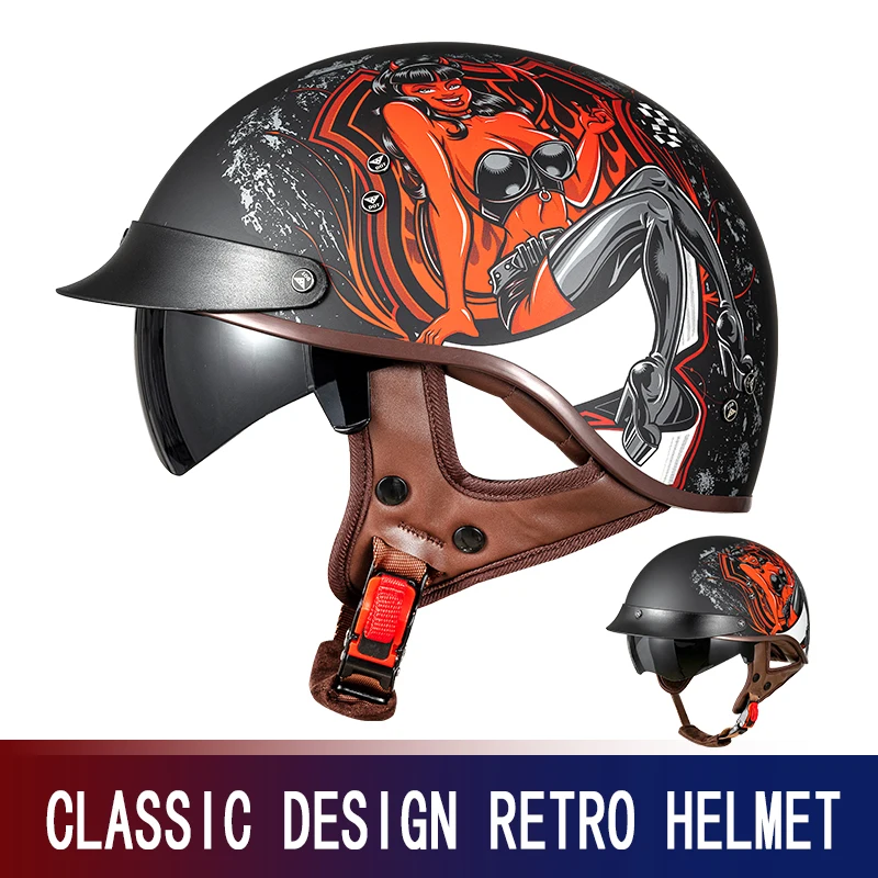 

2026 new retro half helmet motorcycle scooter motorcycle helmet men and women scoop helmet four seasons light helmet pure black.