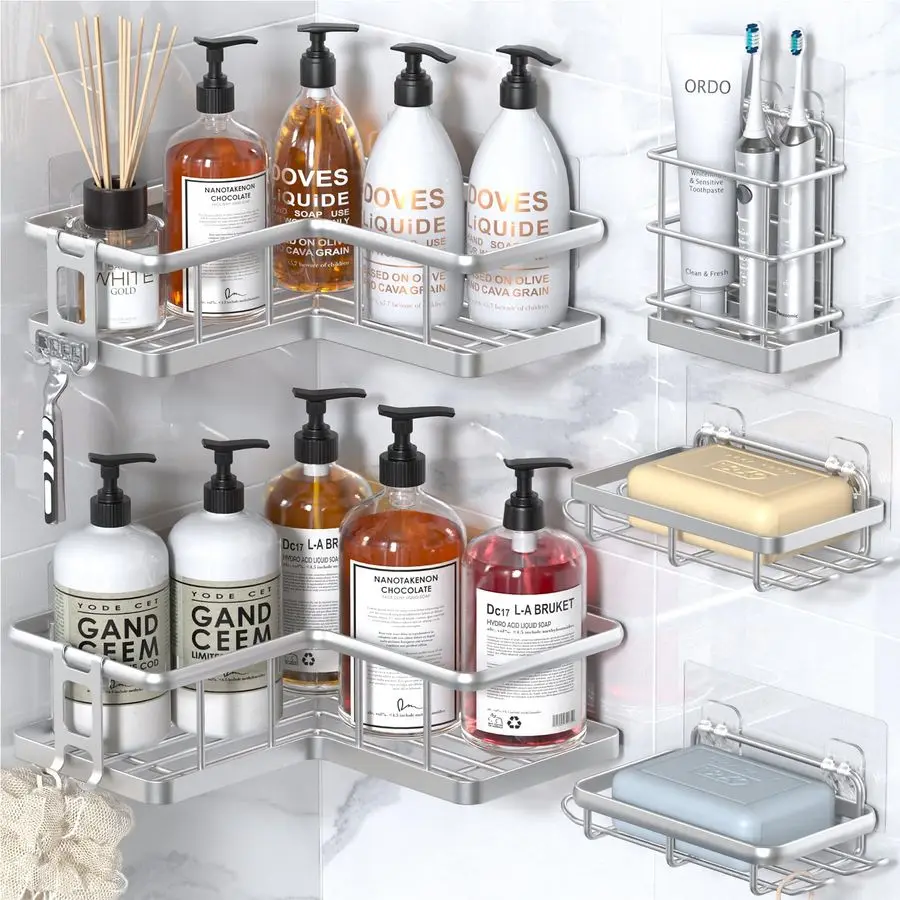 

Corner Shower Caddy Organizer, 5Pack SelfAdhesive Rustproof Bath Shelves with Soap Holder amp 4 Hooks, Large Capacity Shower Sto