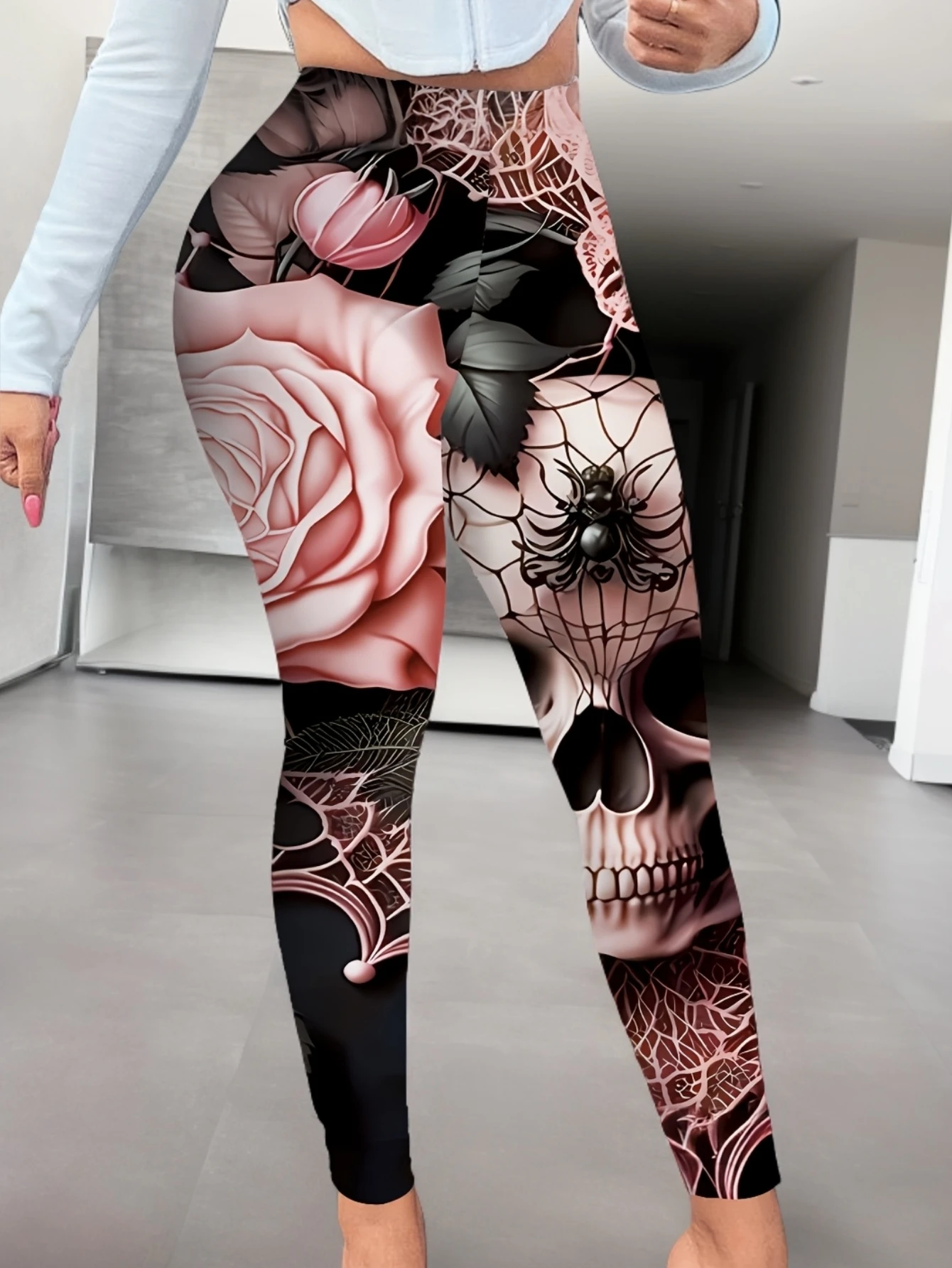 Women Mid‑Waist Fleece Lined Leggings, Skull Rose Spider Web Print, Slim Warm Halloween Street Casual Pants