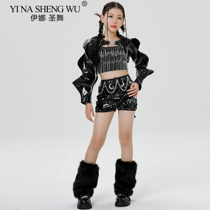 Traje de baile de Jazz con lentejuelas para niñas, pantalones cortos negros con lentejuelas, Top corto para chico, trajes de baile callejero de Hip Hop, ropa de actuación de baile k-pop