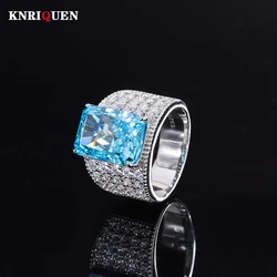 Vintage 10*14mm Aquamarine Topaz Pink Quartz 100% 925 Sterling Rings for Women Full Lab Diamond Big Gemstone Wedding Bands Gift