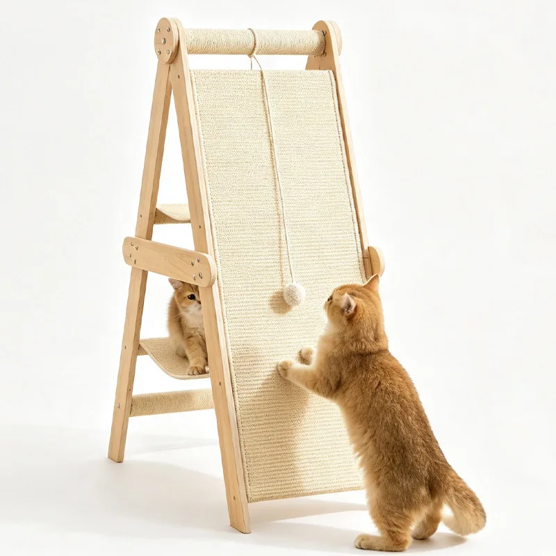 Modern Wooden Cat Tree Tower Slanted Sisal Scratching Board Multi-Level Cat Climbing Frame Hammock Indoor Cat Furniture Carton