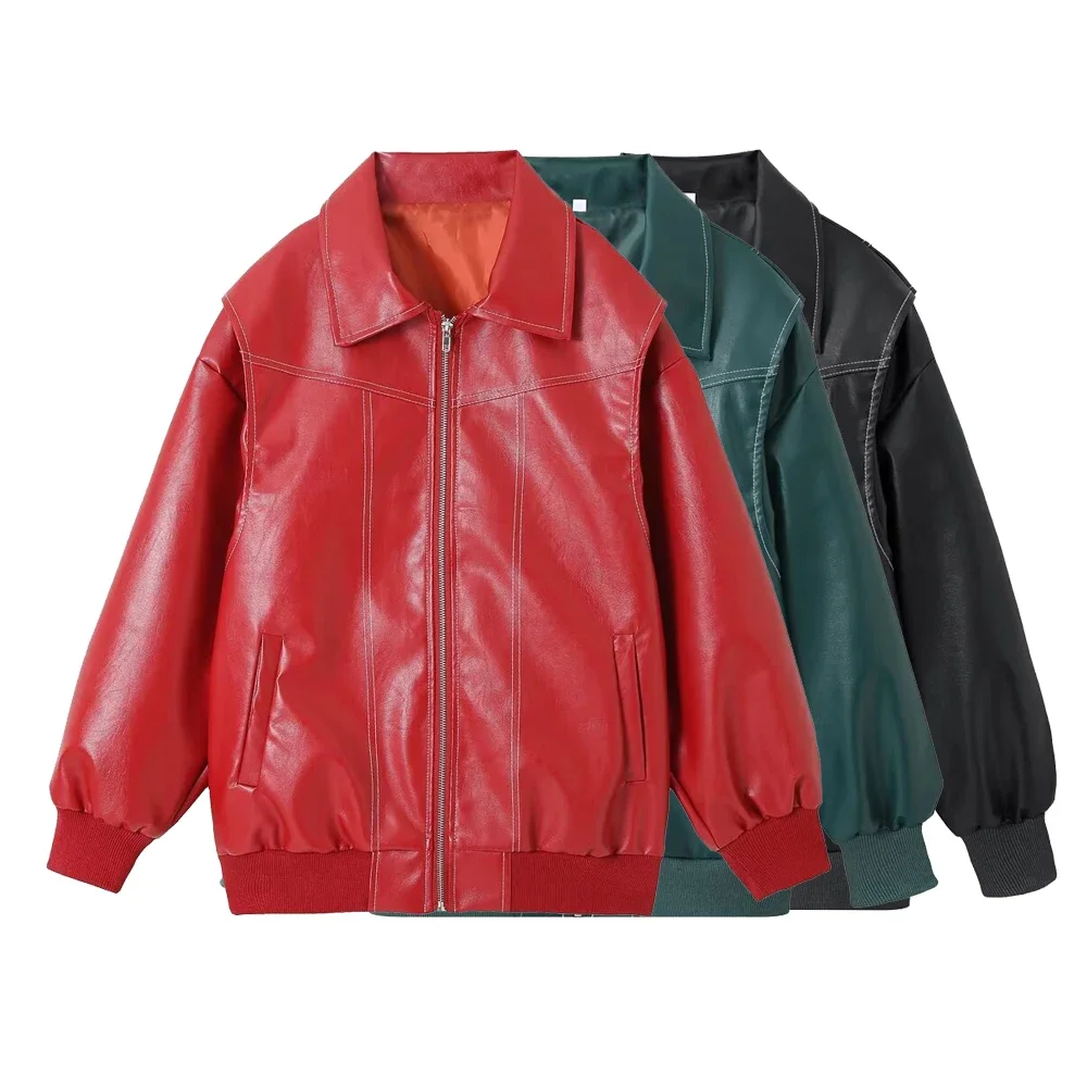 Vintage Red Faux Leather Bomber Jacket Chic Zipper Coat Loose Pocket Outfit Woman PU Spring Winter Streetwear