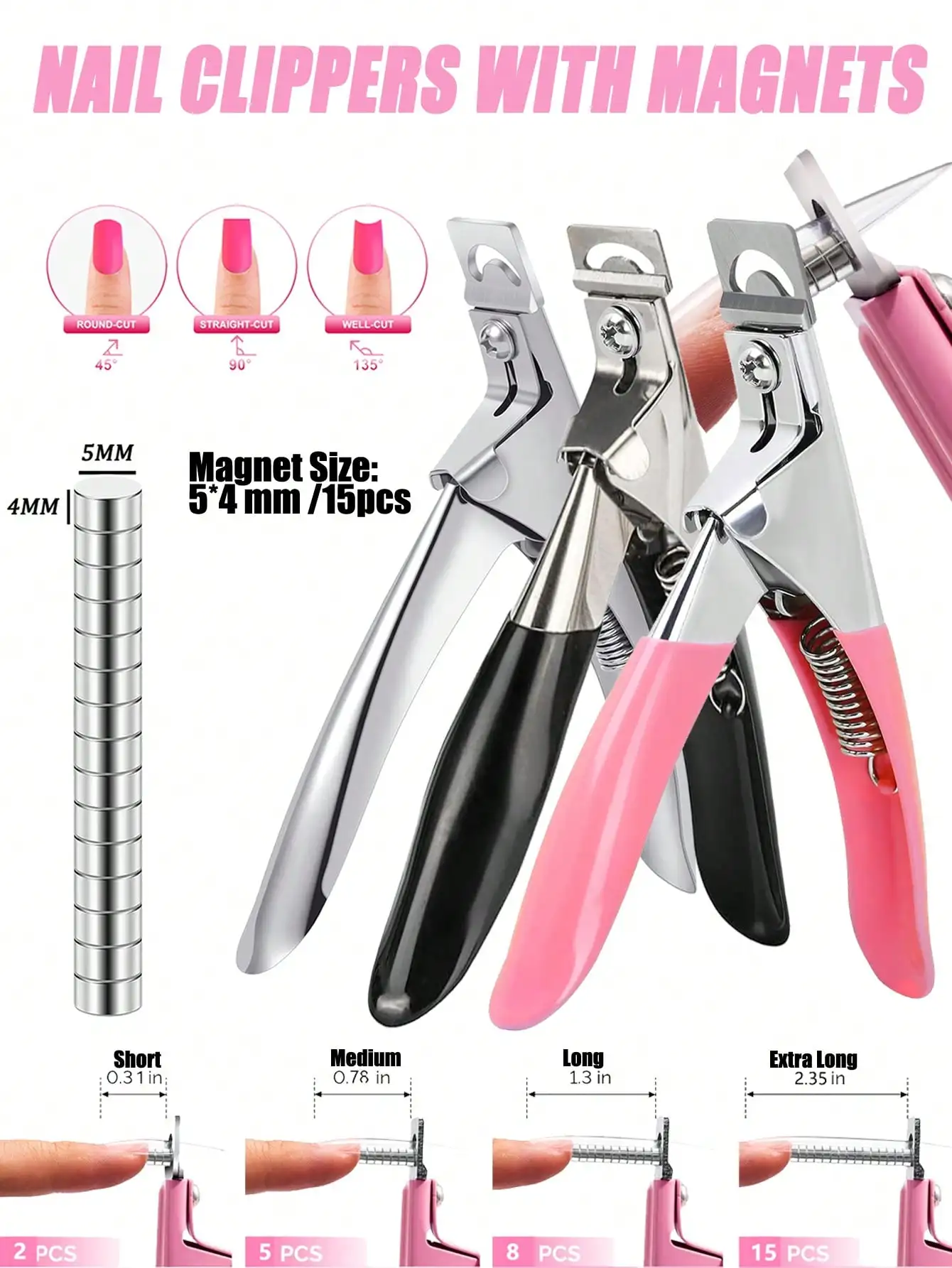 

Nail Clippers,Pink/Silver/Black Premium Adjustable Nail Clippers With 15PCS Magnet & Sizers,Nail Magnets For False Nails,Stainless Steel False Nail Tip Cutter For Acrylic/Fake Nails,Manicure Sharp Blade Tool For Salon,Nail Art Supplies,Gift For Women