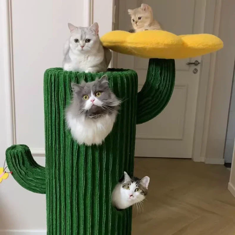 Green Plants Large Cat Trees Tower Cactus Scratching Post Multi-level Hiding House Climbing Set Games Cat Toys Training Supplies