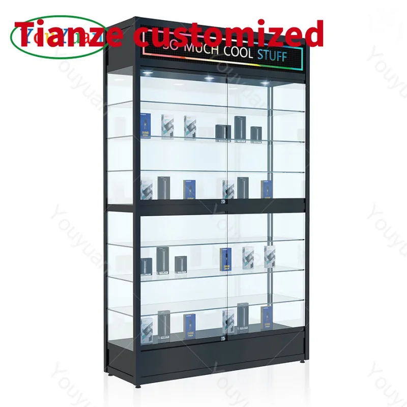 (customized)YOUYUAN Colorful  LED Glass Counter Aluminum Frame Smoke Shop Showcase Store Display Cabinet with Adjustable Shelves