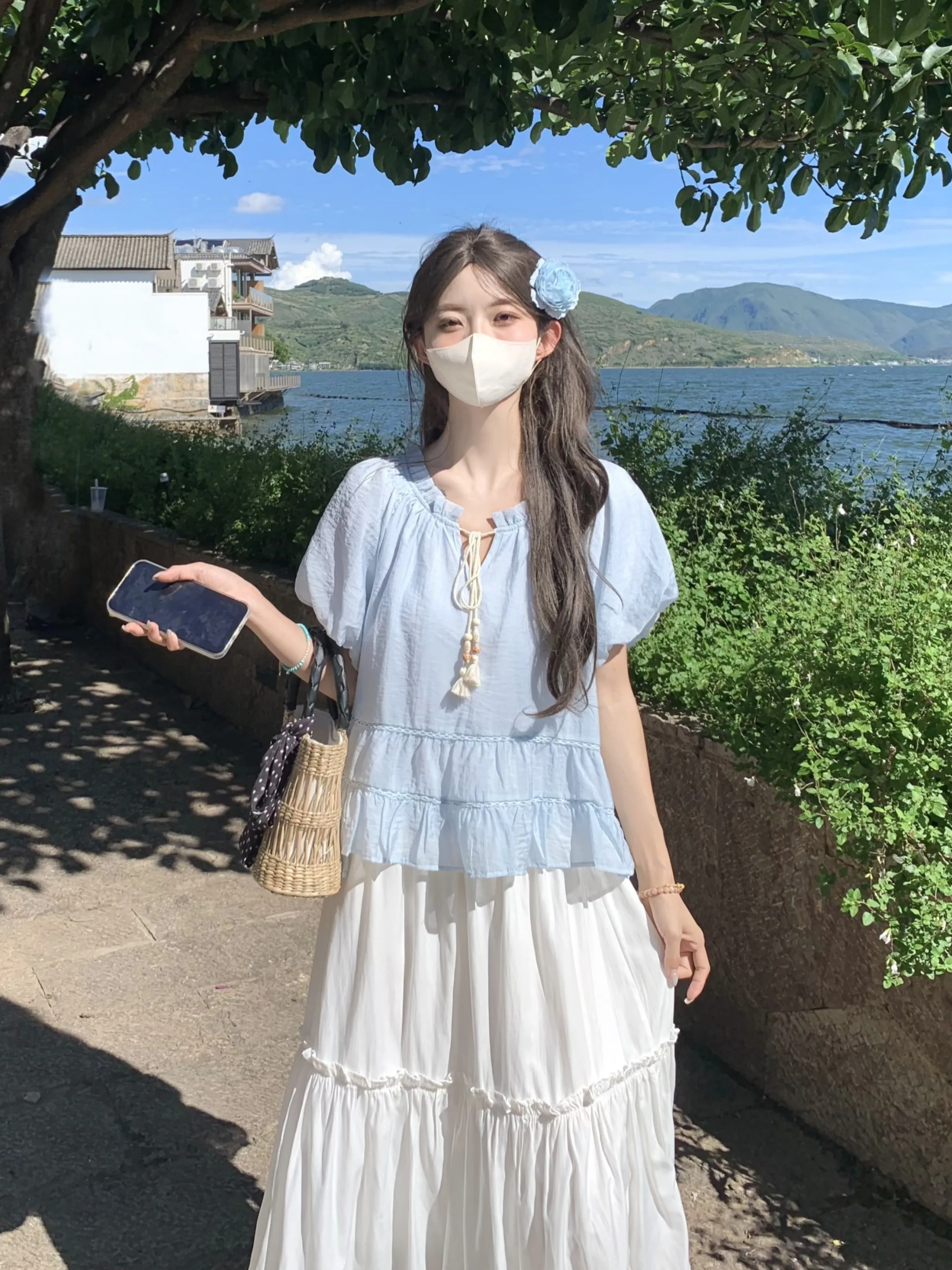 

Dopamine Summer Outfit Women's Cotton Linen Shirt with Lace Hemline Half Skirt Set Soft Korean Style Loose Fit Short Sleeve