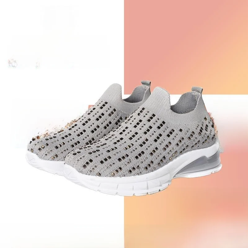 

Large Size Flat Heel Women's oes Summer New Fly Knitting Diamond Embellied Single oes Comfortable Breathable Slip-On