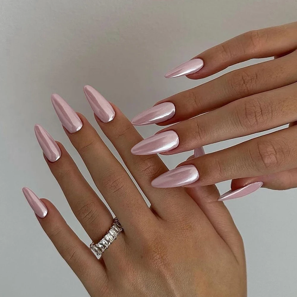 24 pièces/ensemble Y2K Style rose magique métal Chrome brillant moyen amande presse sur les ongles holographique ongles poussière glace néon sirène miroir Gli