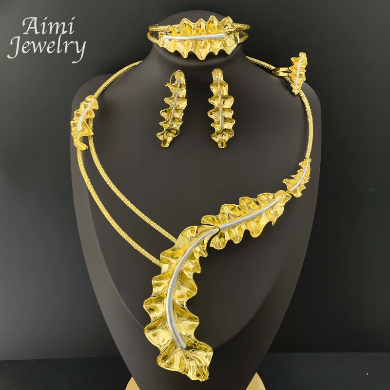 

Two Color Leaf Shaped Design Exaggerated Jewelry Set Women Chunky Choker Necklace Earring Bracelet Ring Wedding Party Gifts