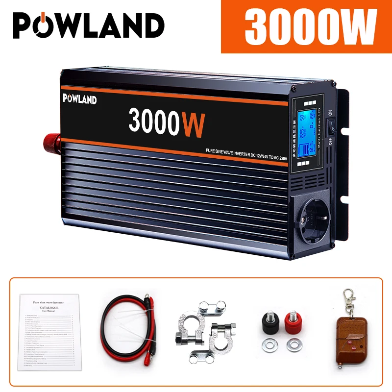 POWLAND 5000W 4000W 3000W Omvormer DC 12V 24V Naar AC 220V Zuivere Sinus auto Omvormer Converter Afstandsbediening EU Socket