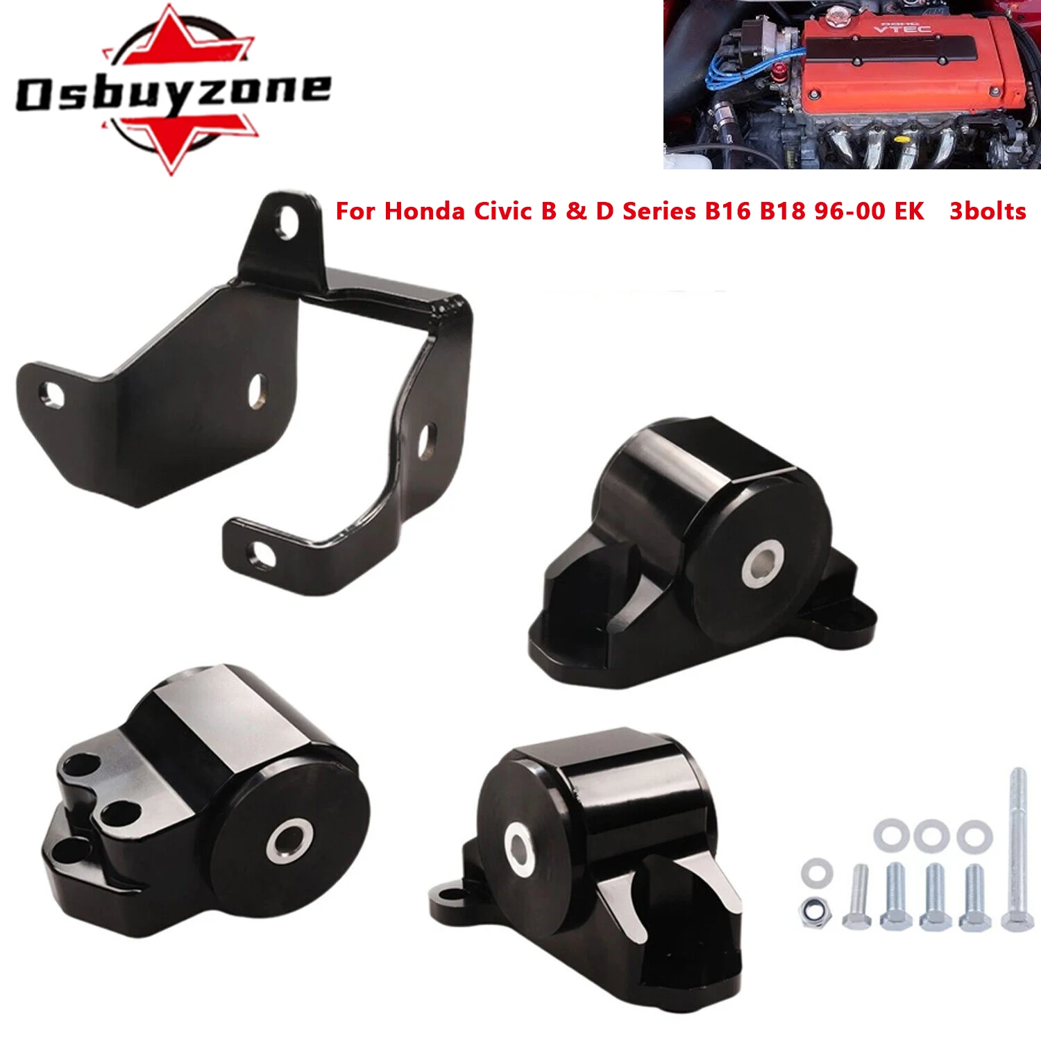 

Soporte de Motor de 3 Pernos Negro para Honda Civic EK B16 B18 B20 Serie B y D 96-00, Aluminio, BILEET