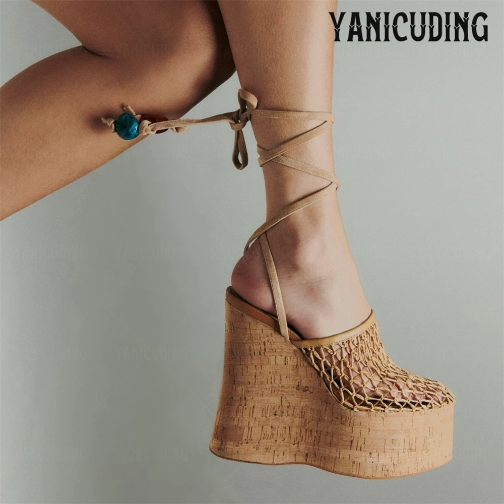 Woven Fishnet Platform Wedge Clog Sandals Ankle Strap Summer High Heel Sandals Designer Style Handmade Wedge Sandals for Women