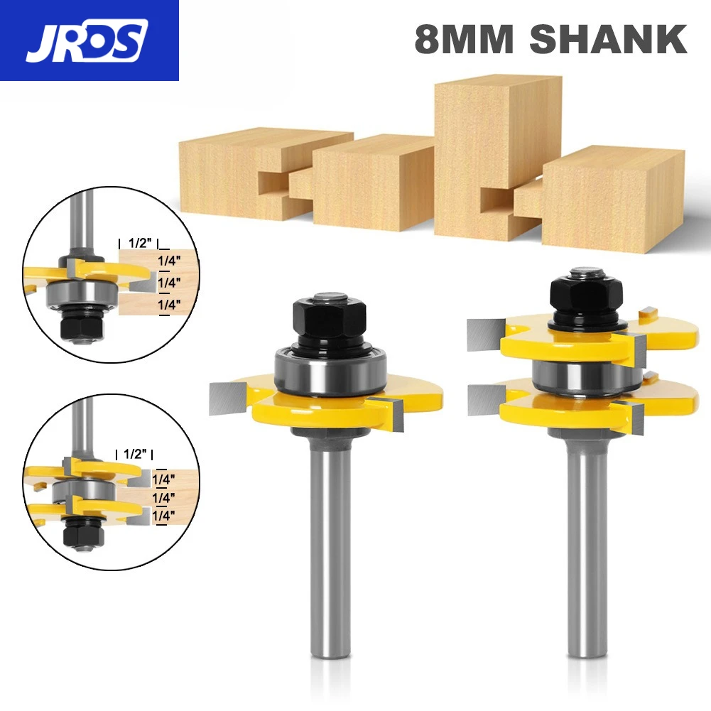 JRDS 3 Teeth T-type Joint Router Bit 8mm Shank Wood Floor Splicing Milling Cutter Tongue and Groove Woodworking Tool