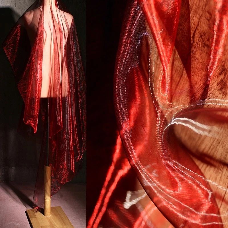 

Water-glow Burgundy Tulle Thin Gradient Fabric Halloween Veil Wedding Dress Formal Gown Designer Cloth