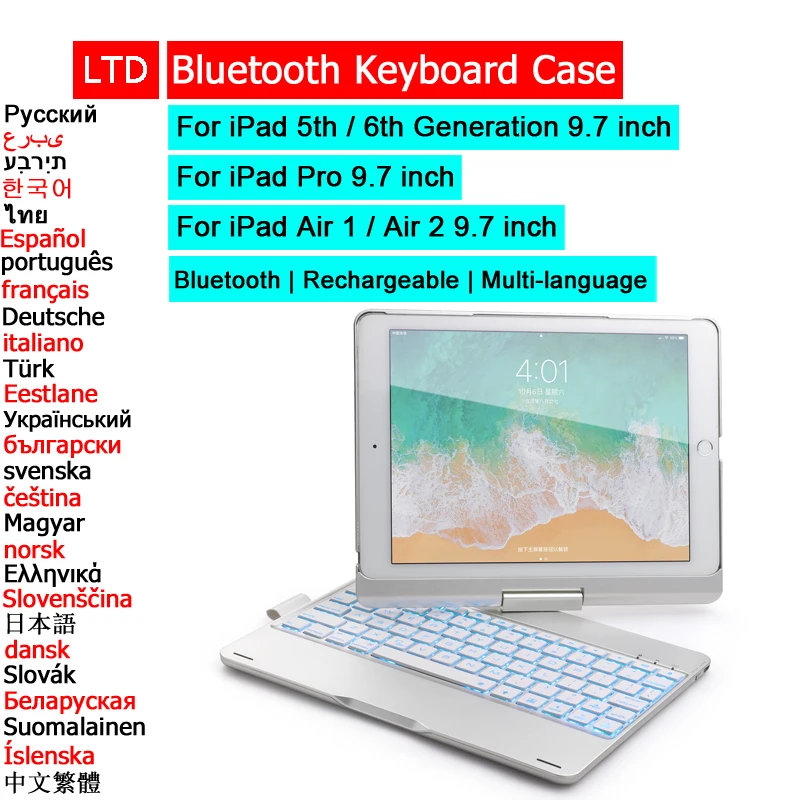حافظة لوحة مفاتيح بلوتوث لجهاز iPad 5th 6th من الجيل Pro Air 1 2 2018 2017 9.7 حافظة كمبيوتر لوحي عربي عبري إسباني كوري