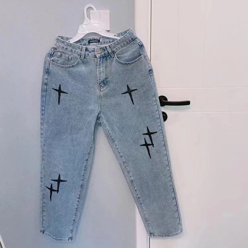 الجينز الرجال الخريف شارع العليا الصليب ستار التصحيح المطرزة فضفاض مستقيم واسعة القرن Ins العصرية العلامة التجارية بنطلون رجل الملابس جان #6