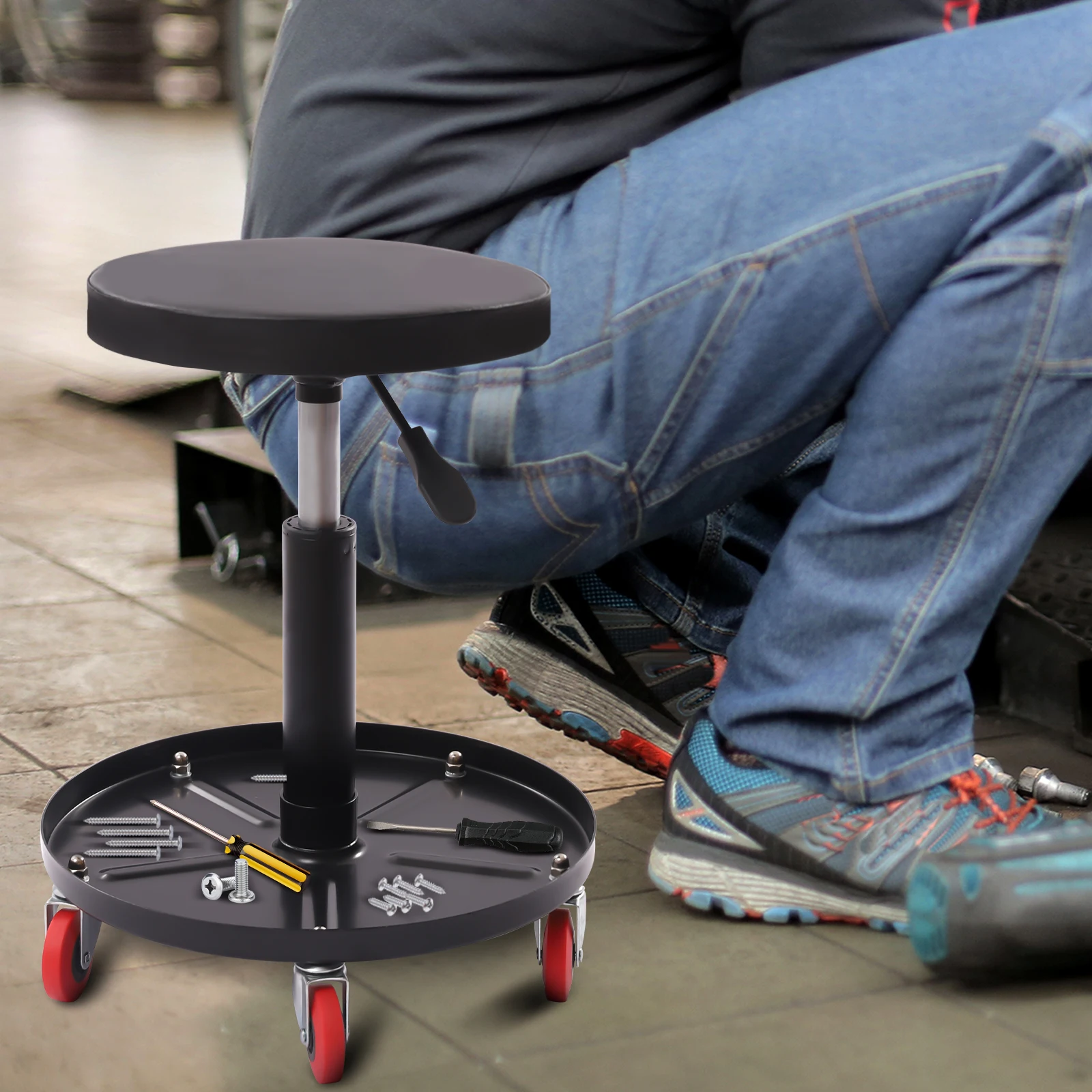 Sedile a rotelle per carichi pesanti, sgabello girevole regolabile, con vassoio per attrezzi, per officina in garage e negozio di riparazioni auto, nero
