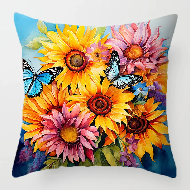 ปลอกหมอนอิงลายดอกทานตะวันสีน้ำ พิมพ์ลายขนสั้น สำหรับตกแต่งโซฟาห้องนั่งเล่น