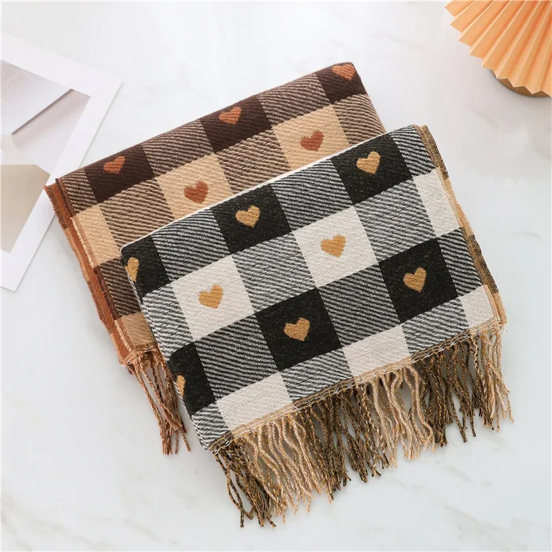 Thickening Double Layer Scarf Winter Wearing Heart-shaped Plaid Scarf for Women Acrylic Tassels Long Shawl and Neck Scarf