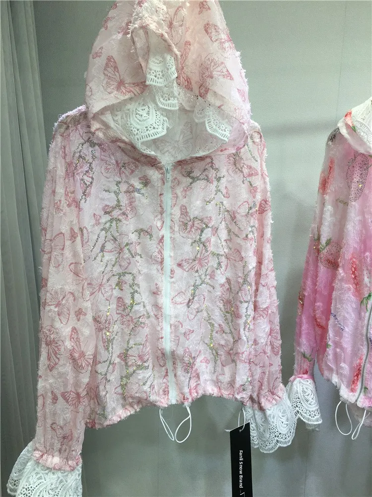 Casaco curto f leve e respirável com renda de morango, estilo verão, com detalhes brilhantes de diamantes e caimento s...
