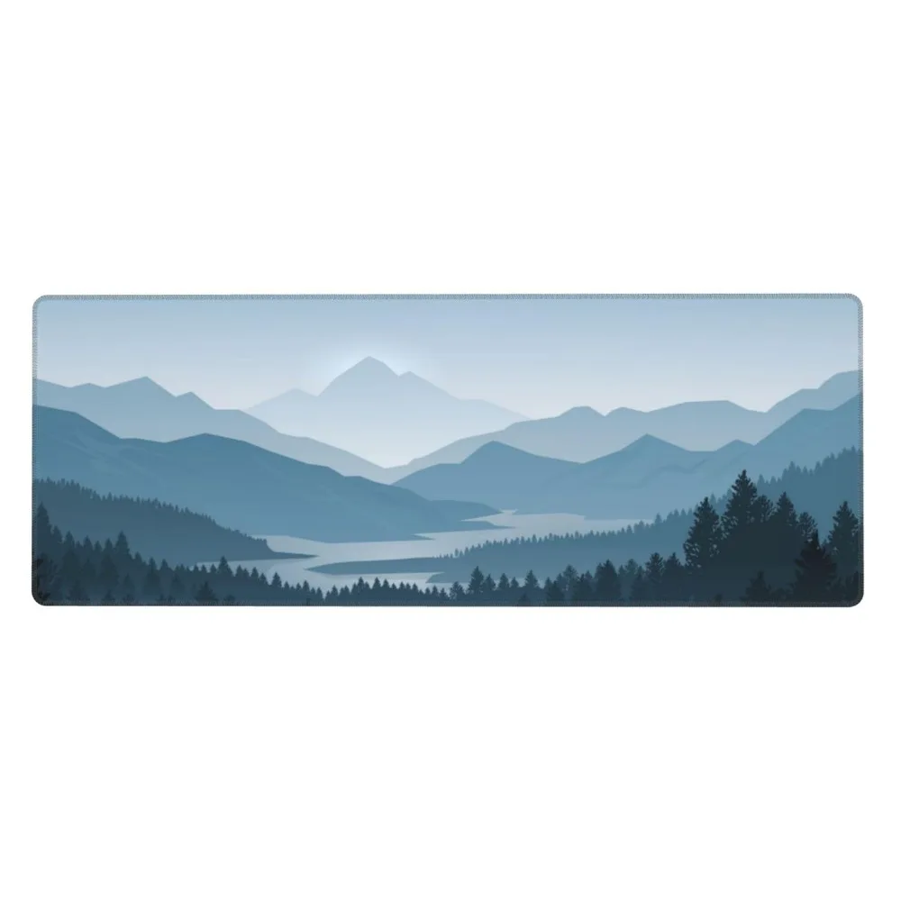 Large Gaming Mouse Pad Blue Misty Mountain Forest River Landscape Extended Desk Mat Non‑Slip Rubber Playmat with Stitched Edges